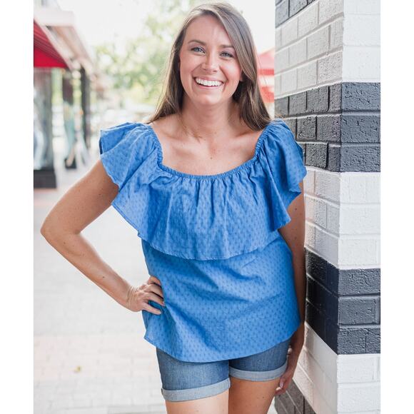 Michelle McDowell Top L Blue Textured Cotton Olivia Havelock Off-the Shoulder - Picture 1 of 8